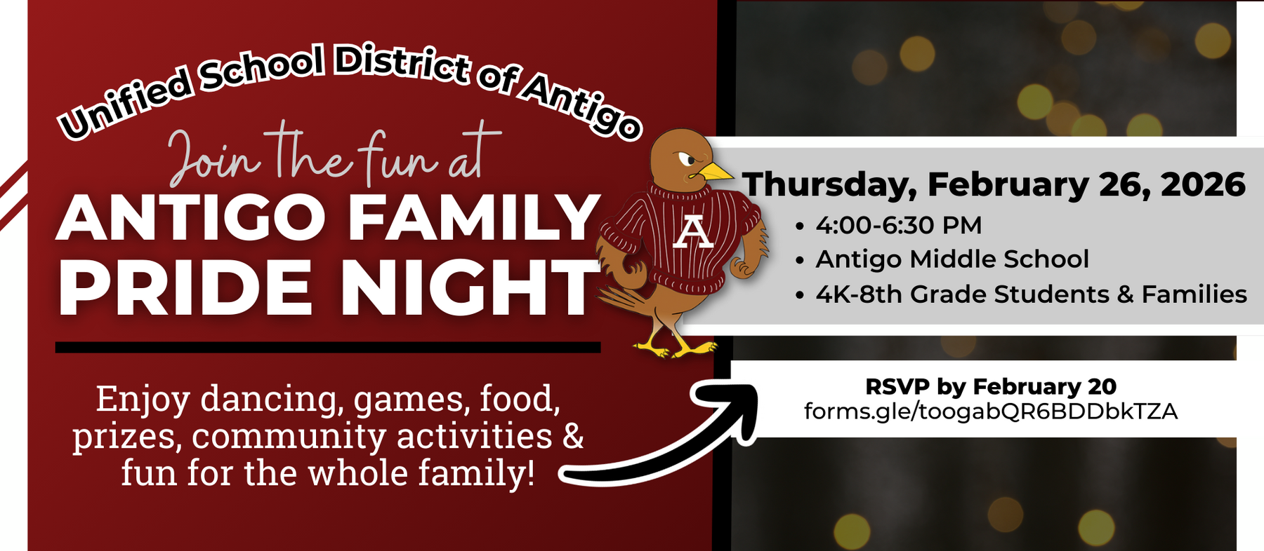 Antigo Pride Night: Thursday, February 26, 4:30-6:00pm at Antigo Middle School.